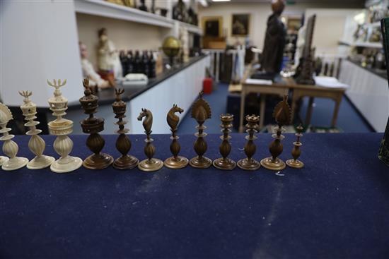 An 18th century Anglo Indian brown stained and natural ivory part chess set, king 5in.